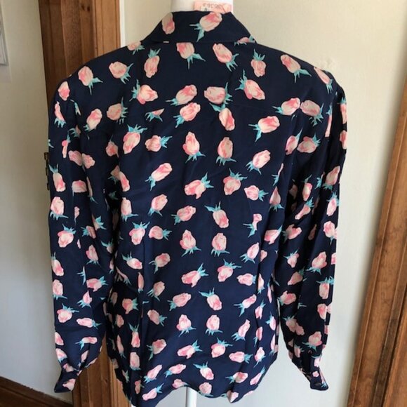 DIOR Silk Navy Pink Rose Long Sleeve Blouse 6 Vintage - Picture 11 of 14